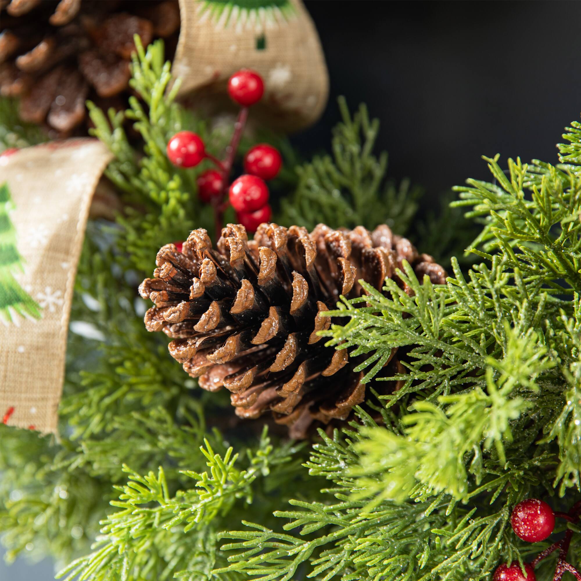 Glitzhome® 24" Cypress Leaves & Pinecone Wreath with Ribbon & Bow